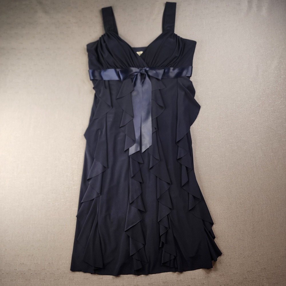 Betsy & Adam Navy Blue Ruffle Satin Bow Homecoming Formal Elegant Dress Size 10